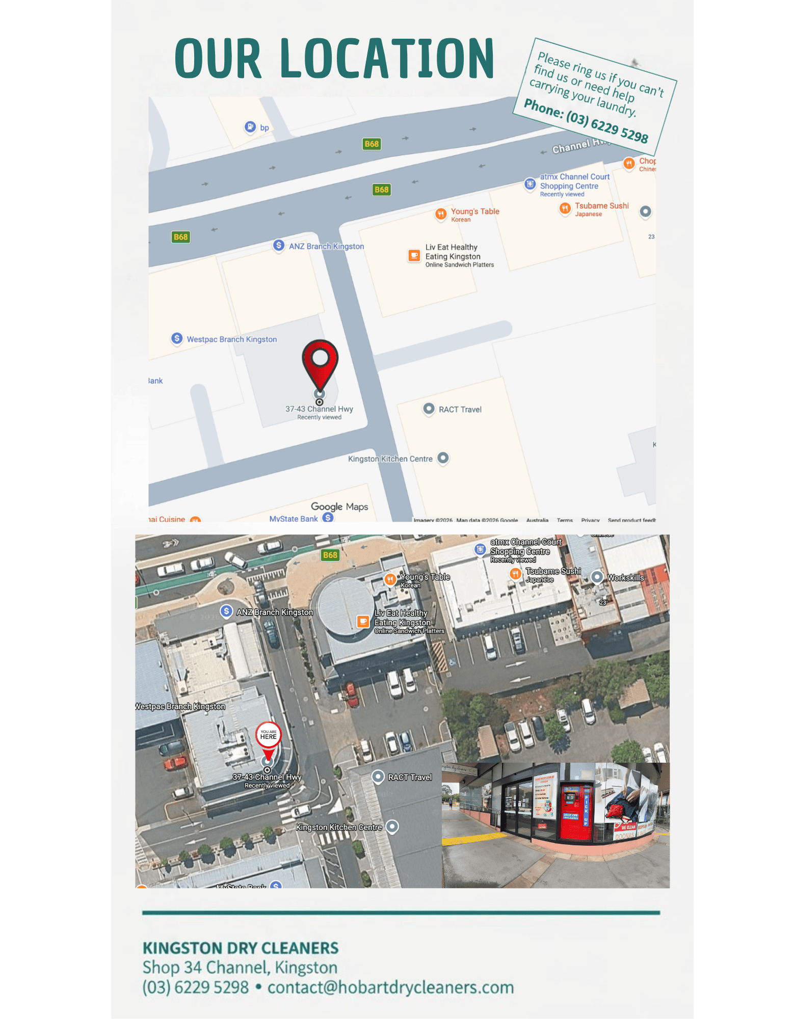 Kingston Dry Cleaners location map showing 34 Channel Highway, Kingston TAS, with contact details including phone number and email.